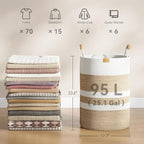 Nunsino 95L Striped Laundry Hamper with Leather Handles,Large Foldable Laundry Basket for Clothes,Cotton Rope Storage Bin for Blankets,Woven Clothes Basket for Bedroom,Beige Stripes - Image 4