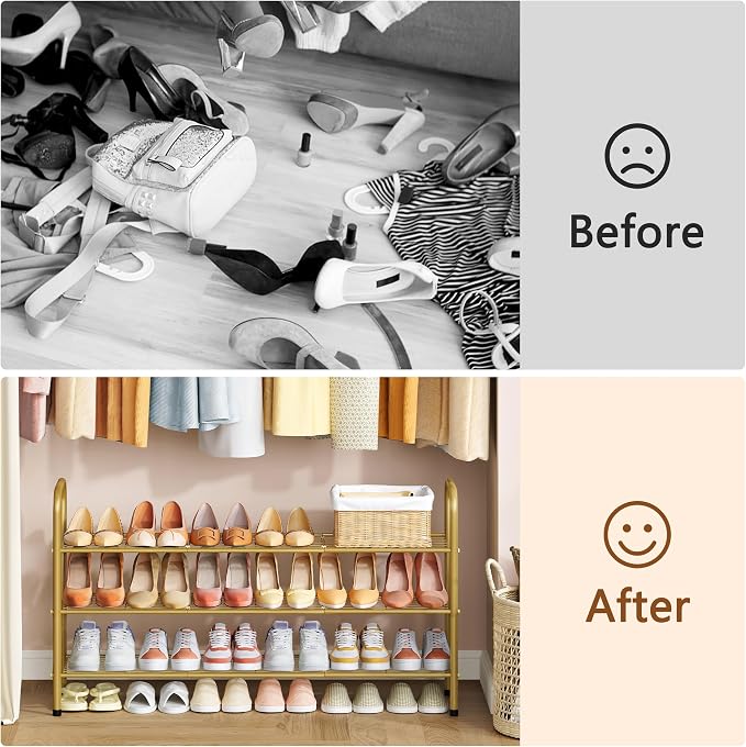 Hoctieon 3 Tier Mesh Style Shoe Rack, Entryway Shoe Shelf, Shoe Storage Organizer, Shoe Rack for Closet, Space Save for Bathroom, Garage, Hallway, Bedroom, Living Room, Gold - Image 7