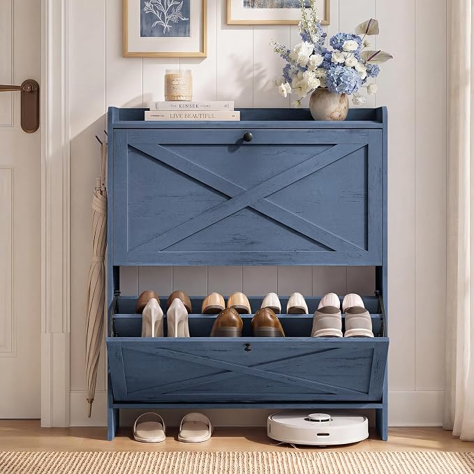 VASAGLE Narrow Shoe Storage Cabinet Organizer with 2 Flip Drawers | Freestanding Shoe Rack, Fits 14 to 16 Pairs, for Entryway, Farmhouse Style, Rustic Blue, HAINS Collection UHSC203QR01S by VASAGLEbySONGMICSHOME