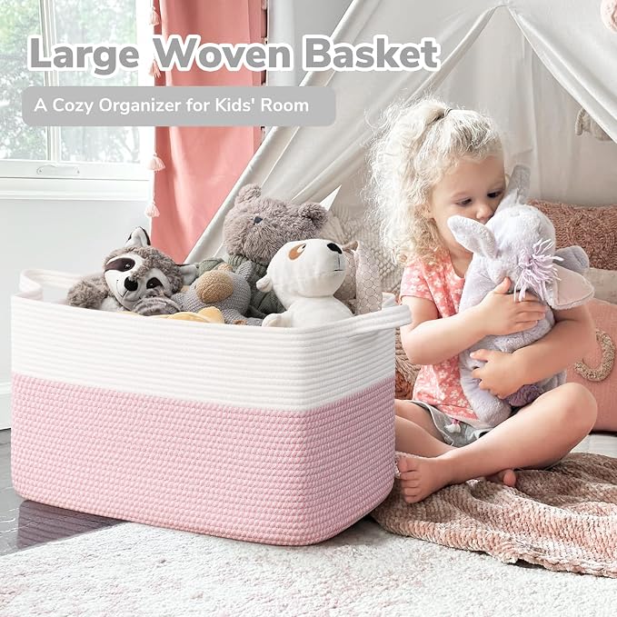 Goodpick Large Woven Rope Blanket Basket, Rectangle, White & Pink - Image 2