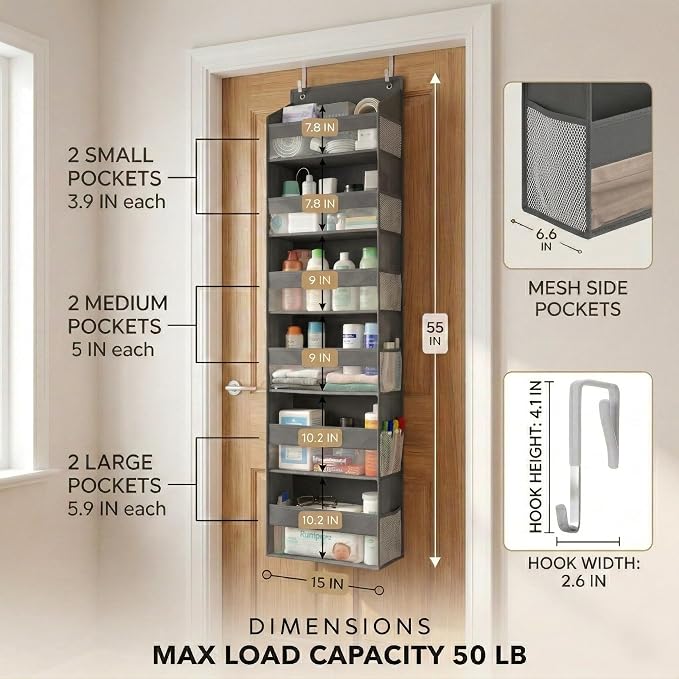 HOMELUX THEORY Over the Door Organizer, 6-Tier, 100D Fabric, Dark Gray 2pc | Over the door shoe organizer, 50 lbs capacity, 12 side mesh pockets, 100D extra thick fabric, Closet & entryway storage - Image 2