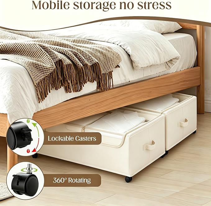 Under Bed Storage with Wheels, 2 Pack Under Bed Storage Containers, 10.6 inches Tall Underbed storage bins on Wheels, Rolling Under the Bed Metal Drawers for Clothes, Blankets, Shoes (XXXL, 90L) - Image 3
