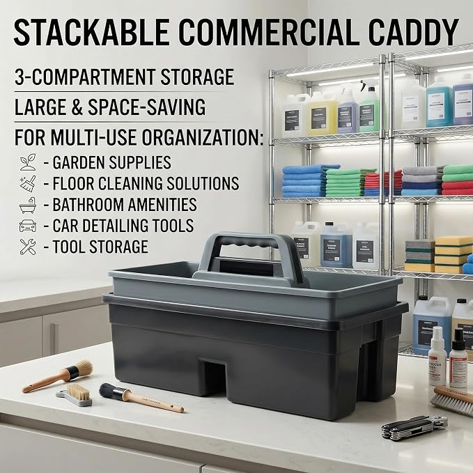 3-Compartment Plastic Cleaning Caddy Basket – Stackable Large Commercial Quality Plastic Tool Organizer Bucket with Handle, Black - Image 3