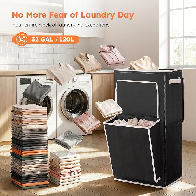 SOLEDI 120L Laundry Hamper with Lid & Delicates Compartment Laundry Basket - Image 5