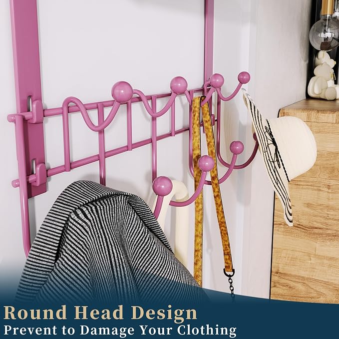 Consumest Over The Door Hooks Organizer - 3 Tier Door Hanger with 9 Coat Hooks & 2 Mesh Basket, Back Storage Organizer Hanging Towels for Bathroom, Bedroom, Pink - Image 4