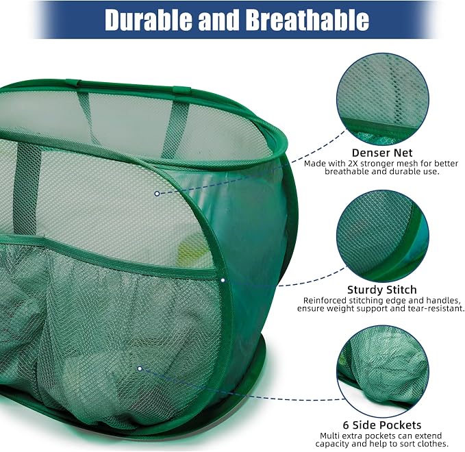 2 Pack Collapsible Laundry Baskets, Upgrade Pop Up Laundry Hamper with Convenient Bags, Foldable Laundry Basket Mesh Light Weight, Easy to Carry Clothes Hampers for Laundry, Dorm, Toys, Travel Green - Image 5