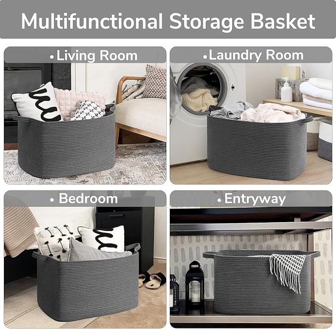 Goodpick 85L Large Woven Rope Blanket Basket, Rectangle, Dark Gray - Image 4