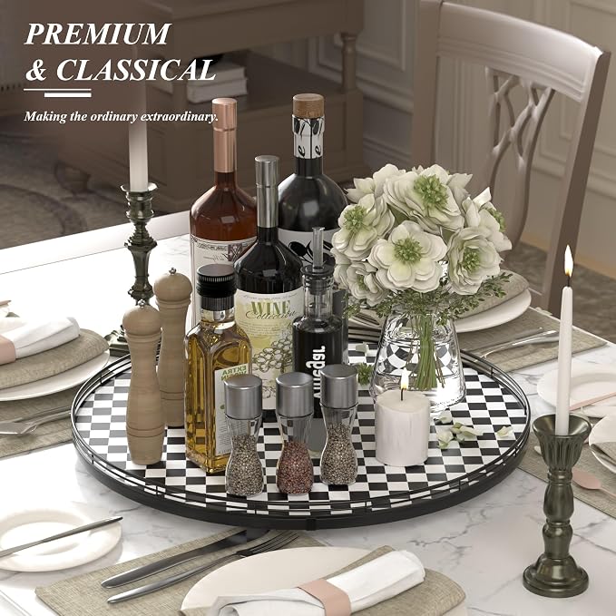 AMH 21-Inch Black and White Checkerboard Lazy Susan Decorative Tray - Image 3