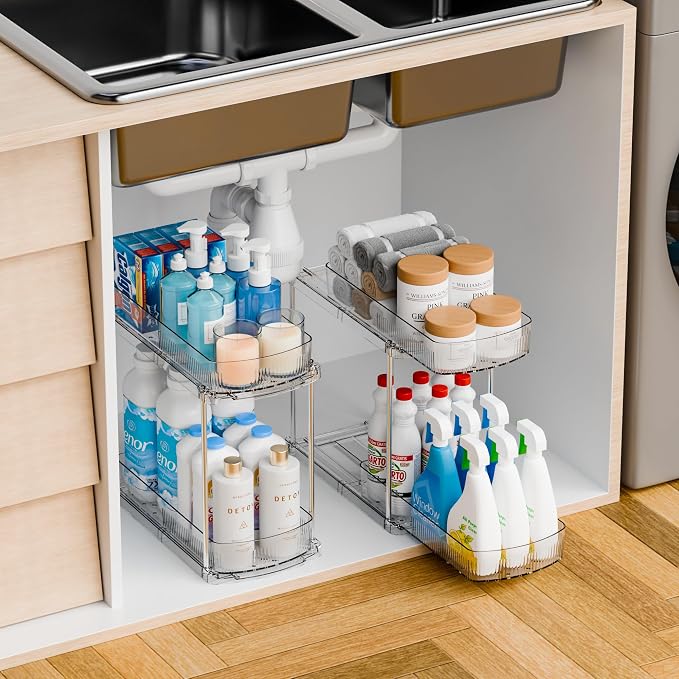 Yieach 3 Pack 13.8″ Deep 2 Tier Under Sink Storage Organizer,Large Pull Out Bathroom Organizers and Storage,Slide Out Acrylic Undersink Storage Shelf,Kitchen Under Sink Organizer for Cleaning Products - Image 8