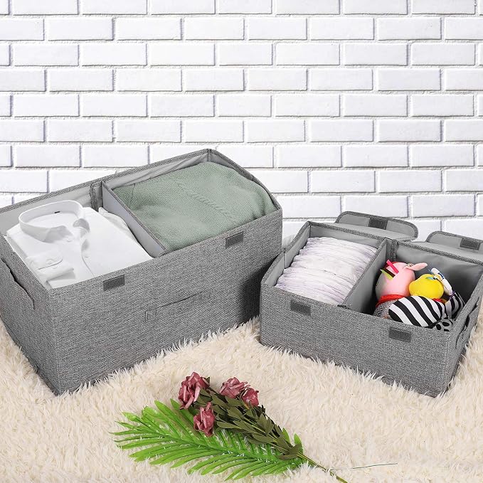 2 Pack Large Linen Fabric Collapsible Storage Bins with Lid and Handles, Washable Storage Box Baskets Cube with Removable Divider for Bedroom,Closet,Office,Living Room,Nursery (Black, Small) - Image 4
