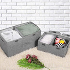 2 Pack Storage Boxes with Lids and Handles, Collapsible Linen Storage Bins Organizer Containers Baskets Cube with Removable Divider for Home Bedroom Closet Office (Grey, Small) - Image 4