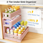 Under Sink Organizer, 3-Tier Thickened Metal Pull out Cabinet Organizer Shelf, Height Adjustable Slide out Storage Drawer Rack for Kitchen Bathroom Pantry Laundry Home Organization, 2-Pack, Pink - Image 3