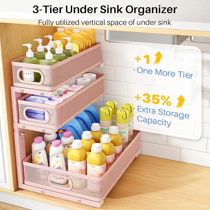 Under Sink Organizer, 3-Tier Thickened Metal Pull out Cabinet Organizer Shelf, Height Adjustable Slide out Storage Drawer Rack for Kitchen Bathroom Pantry Laundry Home Organization, 2-Pack, Pink - Image 3