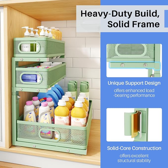 Under Sink Organizer, 3-Tier Thickened Metal Pull out Cabinet Organizer Shelf, Height Adjustable Slide out Storage Drawer Rack for Kitchen Bathroom Pantry Laundry Home Organization, 1-Pack, Green - Image 6
