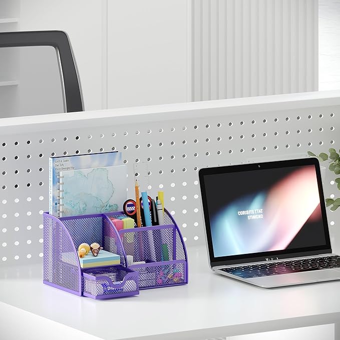 EasyPAG Mesh Desk Organizer with Drawer Multi-functional Pen Holder Stationery Organizer for Office School Supplies 6 Compartments Dorm Organizers and Storage for Desk, Purple - Image 5