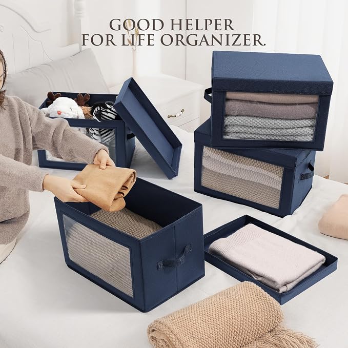 Homsorout Stackable Storage Bins with Lids - Medium Storage Box with Lids, Foldable Closet Boxes for Organizing, Wardrobe Clothes Organizer with Window, Cubes Bins for Living Room, 5 Pack, Navy Blue - Image 3