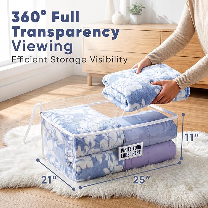 Masirs Clear Blanket Storage Bag (2-Pack) - Vinyl Clothing Organizers with Zipper & Label Pocket - Protects from Dust, Moisture & Dirt - Ideal for Underbed Storage Sheets, Comforters & Bedding - Image 2