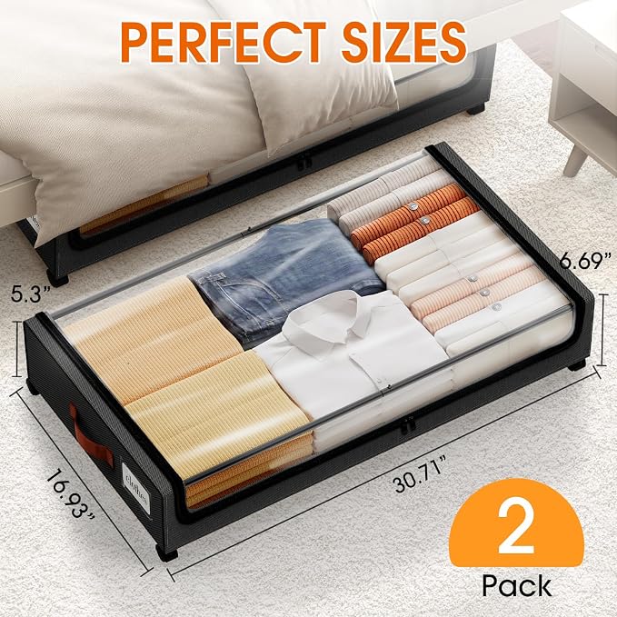 Under Bed Storage with Wheels 2Pack Storage Containers with Clear Window | Under Bed Drawers Rolling Under Bed Storage for Clothes,Shoes, Blankets (30.71 x 16.93 x 6.69 in, Black) - Image 2