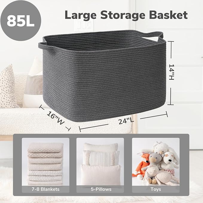 Goodpick 85L Large Woven Rope Blanket Basket, Rectangle, Dark Gray - Image 3