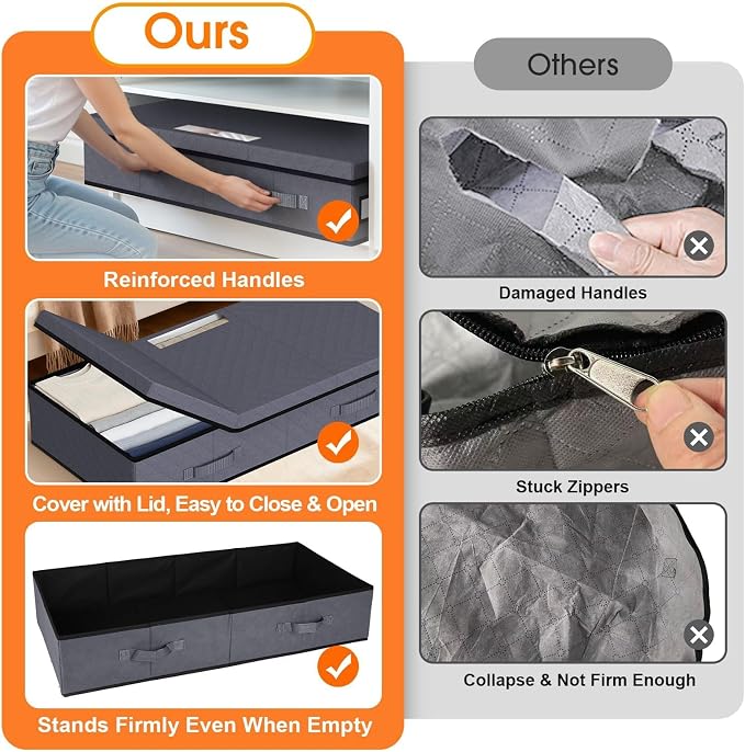StoreHappily Under Bed Storage Containers with Lids, 2 Pack Foldable Grey - Image 3