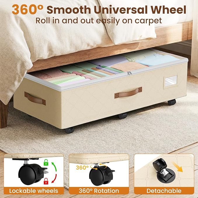 Budding Joy 80L 2 Pack Adjustable Under Bed Storage with Wheels, Beige | Underbed containers with clear lids, rolling underbed shoe storage organizer for dorm clothes, blankets, easy to install - Image 3