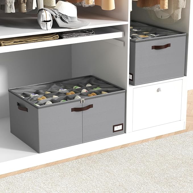 OIAHOMY 2 Pack Shoe Organizer for Closet, Large Foldable Shoe Storage Bins with Dividers and Reinforced Handles, Each Clear Cover Sneaker Box Fits Up to 24 Pairs for Entryway and Bedroom, Grey - Image 8