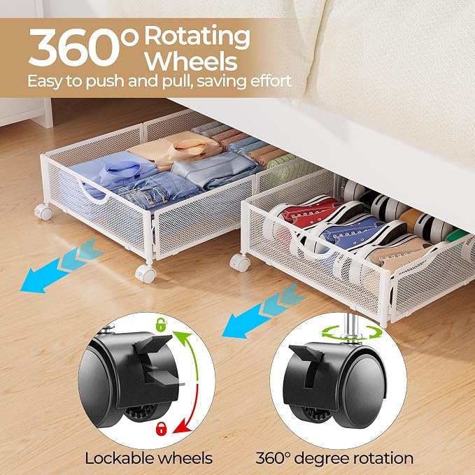 Yecaye Under Bed Storage with Wheels, 2 Pack Under Bed Shoe Storage, White | Sturdy All-Metal Frame, Foldable, 360° Rolling Wheels, Tool-free Assembly, Underbed Storage Drawers for Shoes, Toys, Clothes - Image 3