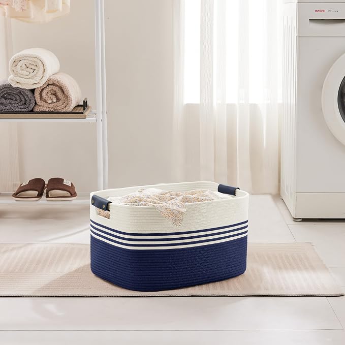 45L Small Woven Laundry Basket Hamper with Leather Handles,Navy - Image 3