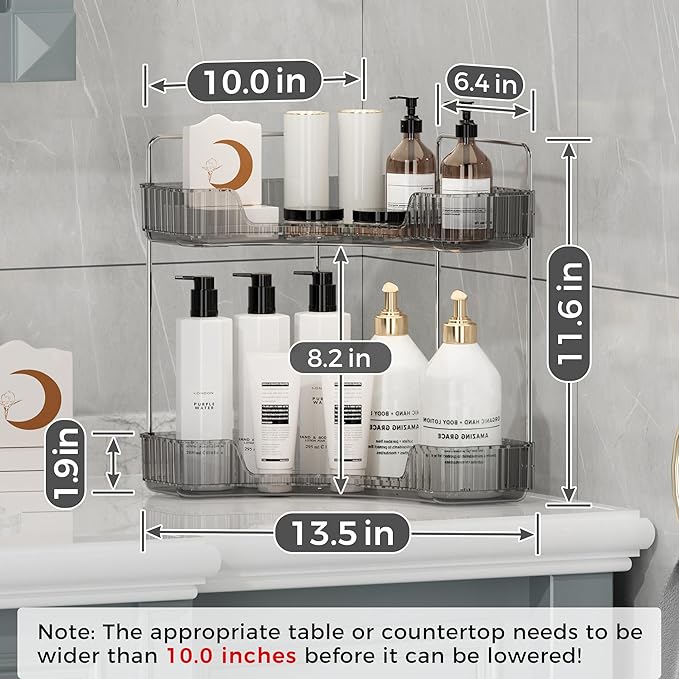 YCIA&DONE Corner Bathroom Counter Organizer, Makeup Organizer for Vanity, Skincare Cosmetic Perfume Tray, Corner Countertop Shelf Rack Storage for Bathroom Kitchen 2 Tiers (Smoky Gray) - Image 7