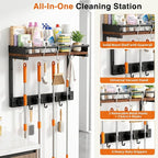 Broom Holder Wall Mount, Broom and Mop Organizer Wall Hanging with Vacuum Stand and & Hooks, Heavy Duty Laundry Organization & Storage, Utility Racks with Wood Shelf & Guard (S) - Image 3