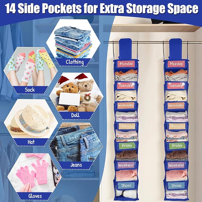 2 Pack 7 Shelf Weekly Clothes Organizer Hanging Closet for Kids with Side Pockets Weekday Shoes Rack Weekly Clothes Organizers Monday Through Weekend Foldable Storage Shelves (Dark Blue) - Image 5