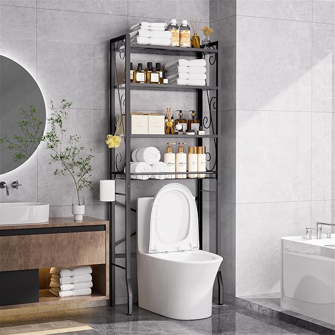 Over-The-Toilet Storage Rack 4-Tier,Bathroom Organizer Shelf Over Toilet,Adjustable Wooden Shelves and Basket,Freestanding Above Toilet Shelf,Space Saver for Rooms(Black Rack-Black Shelves) by Axdtvoz