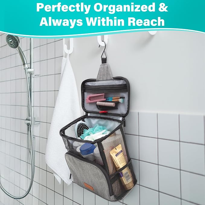 Hanging Toiletry Bag, Shower Caddy Tote Bag (Updated Version, Full Size Bottle Compatible), Bath Organizer for College Dorms, Gym, Camp, Women Men, with Funny Luggage Tag - Image 7
