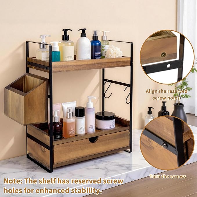 2-Tier Bathroom Counter Organizer, Acacia Wood Vanity Shelf with Drawer - Image 3