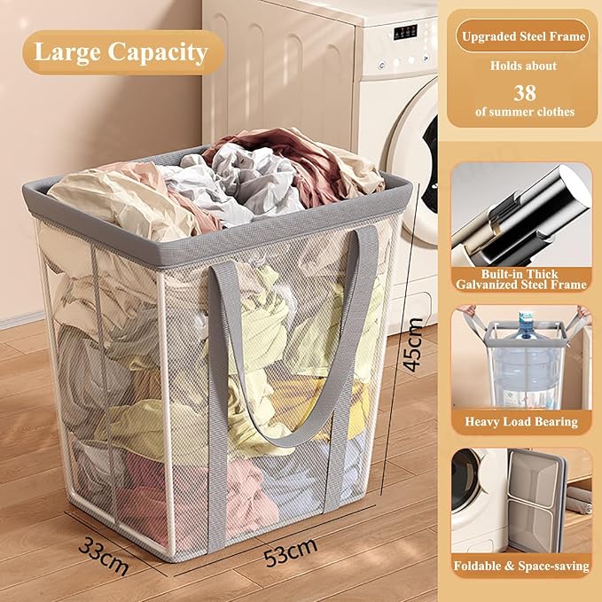 2 Pack Collapsible Laundry Hamper Mesh Laundry Caddy 64L Large Capacity - Image 3
