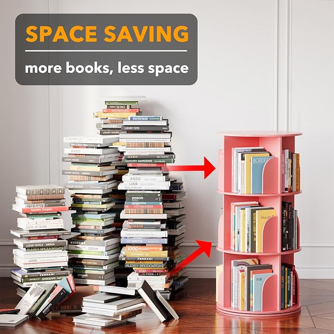 SpaceAid 3 Tier Rotating Bookshelf Tower, Spinning Bookcase Lazy Susan, Revolving 360 Book Shelf Storage Round Carousel, Vertical Rotate Turning Spiral Corner Organizer, Pink - Image 3