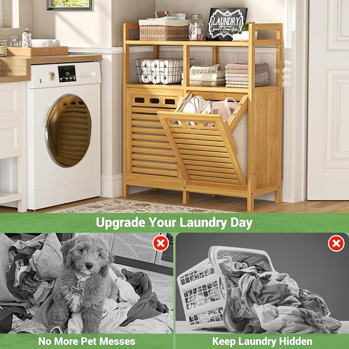 Homykic Tilt Out Laundry Hamper Cabinet, Bamboo Laundry Basket Organizer - Image 5