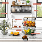 Goozii Hanging Wall Fruit Basket for Kitchen Counter 2 Pack, Stackable Wire Baskets for Organizing with Wood Lid, Potato and Onion Storage Bin with Banana Hook for Vegetable Produce, Black + Rustic - Image 6