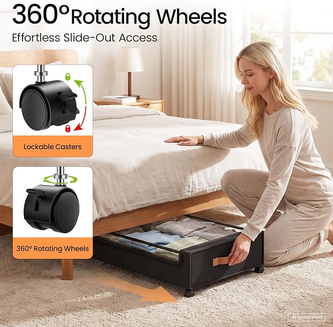 Yecaye 70L Large Under Bed Storage Containers with Wheels, 2 Pack, Black | Larger Capacity, 360° Rolling Wheels, Clear Window & Label, Sturdy Fabric, Rolling Metal Drawers for Clothes, Shoes, Blankets - Image 3