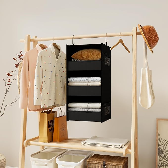 3-Shelf Hanging Closet Organizer, Washable Foldable Storage Shelves, Black | Front lip keeps items secure; side pockets add room; Oxford fabric handles towels, shirts, baby items, dorms, RVs or travel. - Image 2