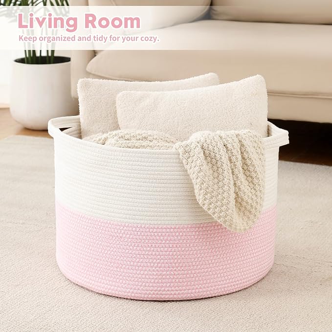 Foldable Laundry Hamper Basket with Collapsible Handle Cotton Rope Soft Woven Fabric Storage Organizer Clothes Toys Nursery Bedroom Dorm Space Saving Bin (White & Pink, 115L(23.6"D x 15.7"H)) - Image 2