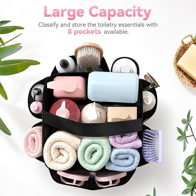 YASONIC Mesh Shower Caddy Portable for Dorm College Room Essentials, 8-Pocket Large Shower Bag with Single Handles, Hanging Shower Basket for Beach, Swimming, Bathroom, Beach, Black - Image 6