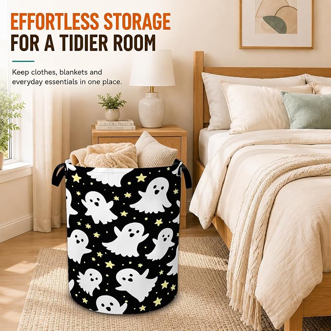 Ghosts Laundry Basket with Handles,Halloween Foldable Oxford Laundry Hamper,Collapsible Clothes Storage Basket for Laundry Room/Bathroom/Bedroom/Dormitories 20.8 x 16 Inches - Image 6