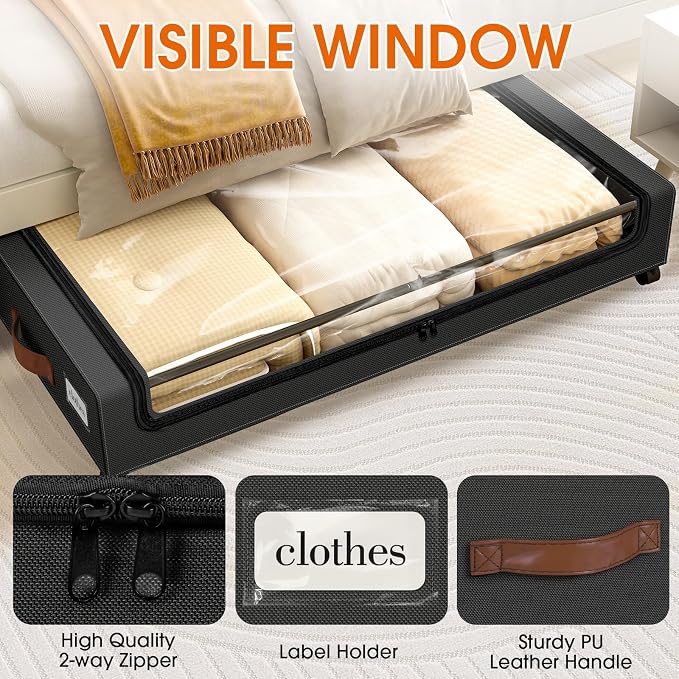 Under Bed Storage with Wheels 1Pack Storage Containers with Clear Window | Under Bed Drawers Rolling Under Bed Storage for Clothes,Shoes, Blankets (30.71 x 16.93 x 6.69 in, Black) - Image 3