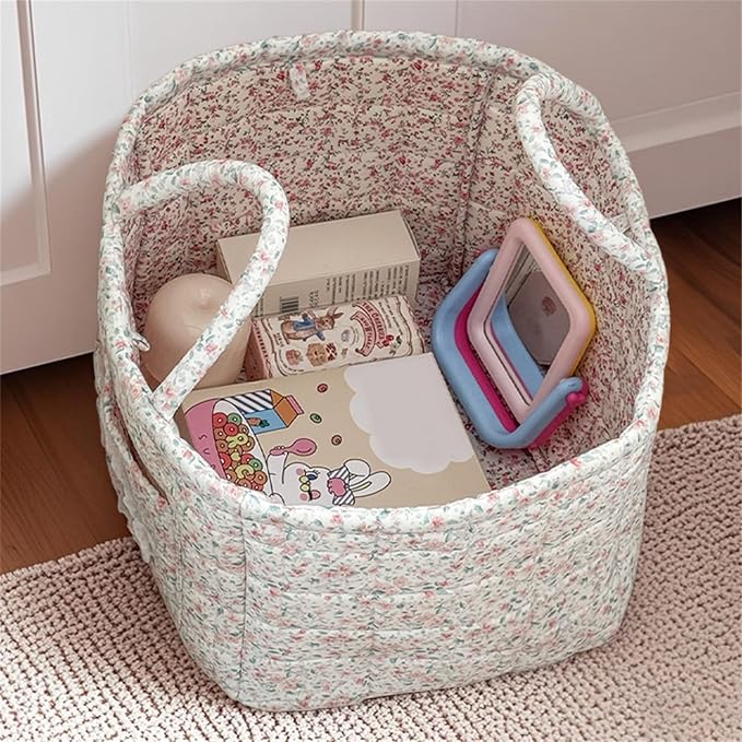 Quilted Fabric Storage Basket with Handles & Pocket, Foldable Laundry Hamper Boho Floral Print Organizer Bin for Home, Picnic, Office 12"x10"x10" (A-1) - Image 3