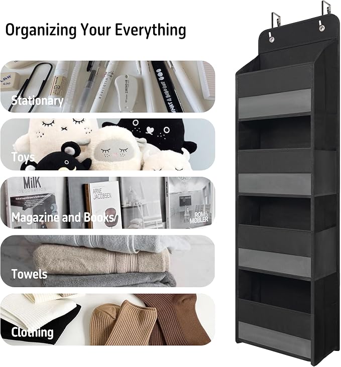 TYMENSH Black Over Door Organizer with 4 Large Clear Pockets, Compact Black Hanging Door Storage for Closet, Bathroom, Bedroom, Dorm, Nursery, Toys, Cosmetics, Baby Essentials - Image 6