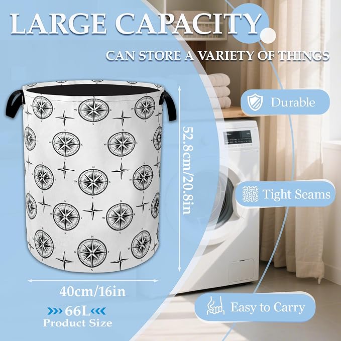 Black Compass Laundry Basket Collapsible Laundry Hamper Clothes Storage Bin for Bathroom Bedroom Room Decor 16" X 20.8" - Image 2