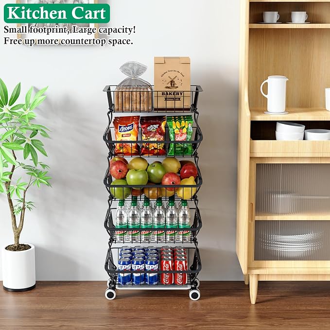 OKZEST 5 Tier Fruit Basket for Kitchen, Stackable Bins Wire Rack with Wheels, Fruit and Vegetable Storage Basket Pantry Food Snack Organizer Shelf, Kitchen Storage Cart for Onion and Potato, Produce - Image 7