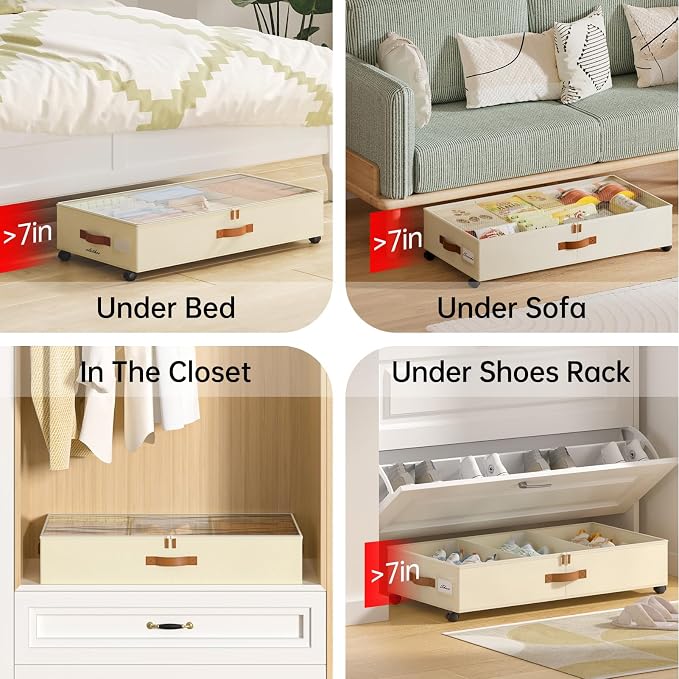 Yecaye Under Bed Storage with Wheels, 2 Pack Under Bed Storage Containers with Adjustable Dividers & Clear Lid, Rolling Underbed Organizer Bins Drawer for Clothes, Shoes, Blankets(30.3 x 16 x 6.7in) - Image 6
