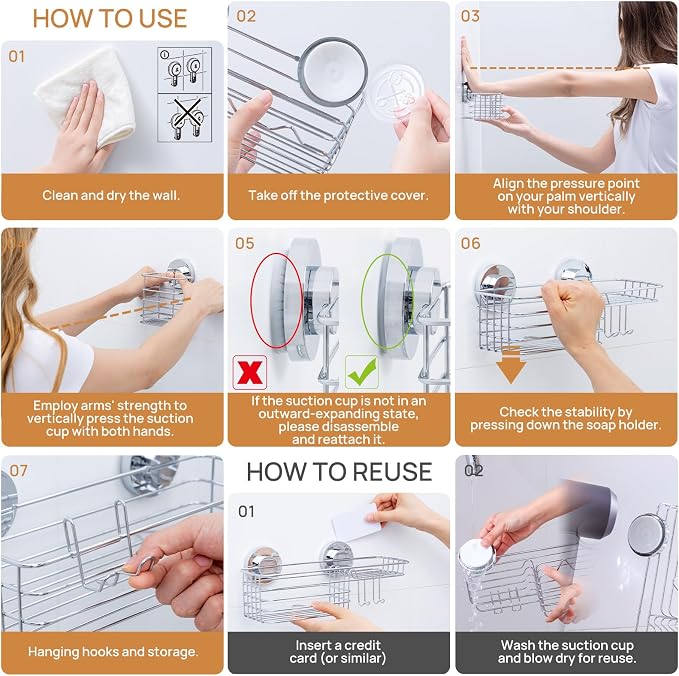 LEVERLOC Shower Caddy Suction Cup, 3 Pack Heavy Duty Bathroom Organizer - Image 7